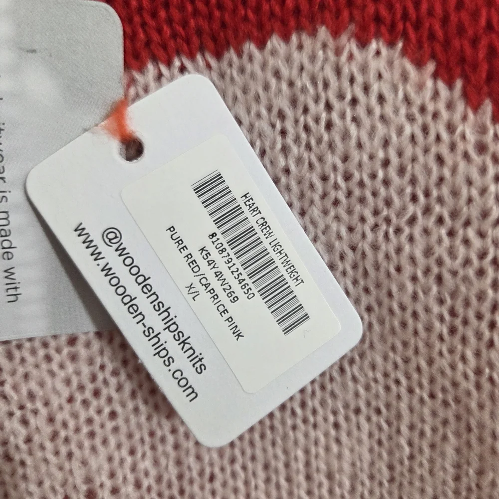 NWT Wooden Ships Heart Crew Sweater Lightweight Red Pink Love Wool Size 14 - 16